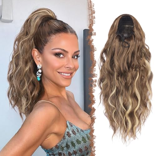 FESHFEN Pferdeschwanz Haarteil mit Kordelzug, Lange Wellen Zopf Verlängerung Haare Extensions Synthetik Wellig Haarverlängerung Clip in Ponytail für Damen, 45 cm Hellbraun und Blond von FESHFEN