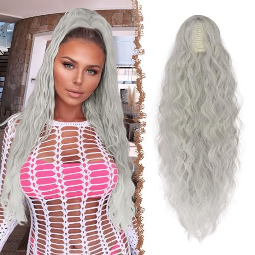 FESHFEN Pferdeschwanz mit Klammer, Lange Wellig Lockig Haarextension Synthetik Zopf Haarverlängerung Claw Clip in Haarteil Ponytail für Damen 65cm Grau FESHFEN Pferdeschwanz mit Klammer, Lange Wellig Lockig Haarextension Synthetik Zopf Haarverlängerung Claw Clip in Haarteil Ponytail für Damen 65cm Grau von FESHFEN
