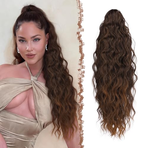 FESHFEN Pferdeschwanz mit Klammer, Lange Wellig Lockig Haarextension Synthetik Zopf Haarverlängerung Claw Clip in Haarteil Ponytail für Damen 65cm Schwarz to Auburn von FESHFEN