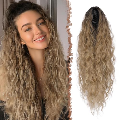 FESHFEN Pferdeschwanz mit Klammer, Lange Wellig Lockig Haarextension Synthetik Zopf Haarverlängerung Claw Clip in Haarteil Ponytail für Damen 75cm Ombre Blond Mix Braun von FESHFEN