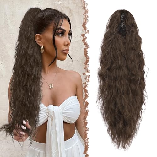 FESHFEN Pferdeschwanz mit Klammer, Lange Wellig Lockig Haarextension Synthetik Zopf Haarverlängerung Claw Clip in Haarteil Ponytail für Damen 75cm Schokoladenbraun Gemischt Dunkelbraun von FESHFEN