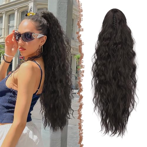 FESHFEN Pferdeschwanz mit Klammer, Lange Wellig Lockig Haarextension Synthetik Zopf Haarverlängerung Claw Clip in Haarteil Ponytail für Damen 75cm Schwarz Braun von FESHFEN