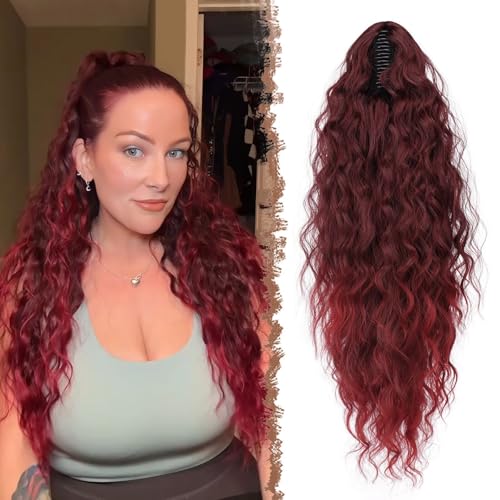 FESHFEN Pferdeschwanz mit Klammer, Lange Wellig Lockig Haarextension Synthetik Zopf Haarverlängerung Claw Clip in Haarteil Ponytail für Damen 75cm Schwarz Ombre Rot von FESHFEN