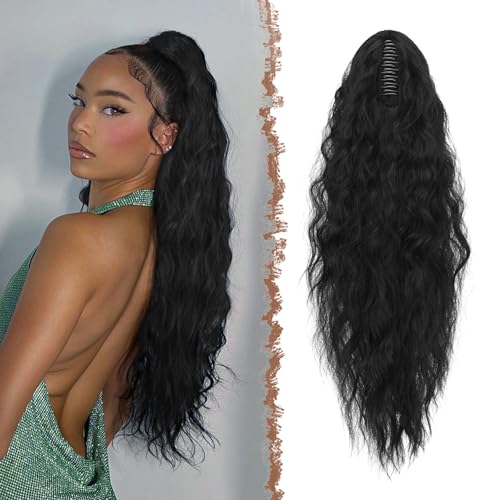 FESHFEN Pferdeschwanz mit Klammer, Lange Wellig Lockig Haarextension Synthetik Zopf Haarverlängerung Claw Clip in Haarteil Ponytail für Damen 75cm Schwarz von FESHFEN