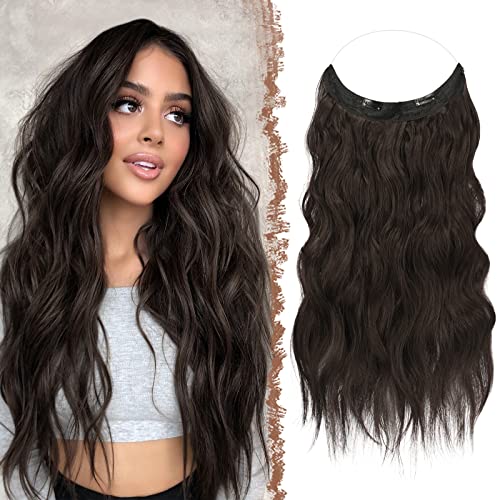 FESHFEN Secrets Haare Extensions Lange Gewellt Haarverlängerung Invisible Secret Haarextension Synthetik Hair Unsichtbarem Haarteile für Frauen 50 cm Dunkelbraun von FESHFEN