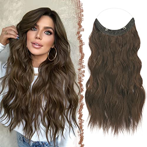 FESHFEN Secrets Haare Extensions Lange Gewellt Haarverlängerung Invisible Secret Haarextension Synthetik Hair Unsichtbarem Haarteile für Frauen 50 cm Kastanie Braun von FESHFEN