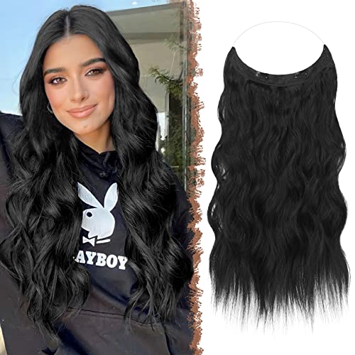FESHFEN Secrets Haare Extensions Lange Gewellt Haarverlängerung Invisible Secret Haarextension Synthetik Hair Unsichtbarem Haarteile für Frauen 50 cm Schwarz von FESHFEN