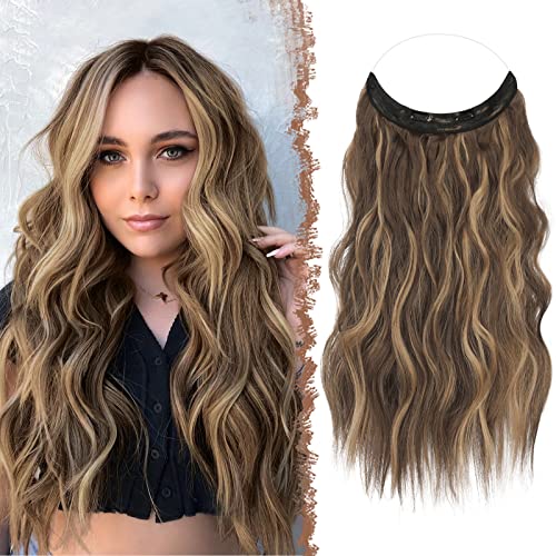 FESHFEN Secrets Haare Extensions Lange Gewellt Haarverlängerung Invisible Secret Haarextension Synthetik Hair Unsichtbarem Haarteile für Frauen Honigblond Gemischt Hellbraun 50 cm von FESHFEN