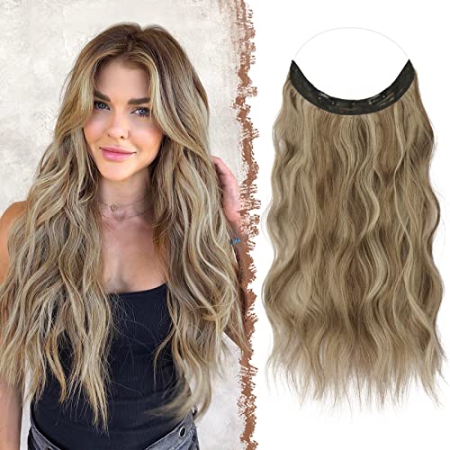 FESHFEN Secrets Haare Extensions Lange Gewellt Haarverlängerung Invisible Secret Haarextension Synthetik Hair Unsichtbarem Haarteile für Frauen Karamellbraun gemischt mit Aschblond 50 cm von FESHFEN