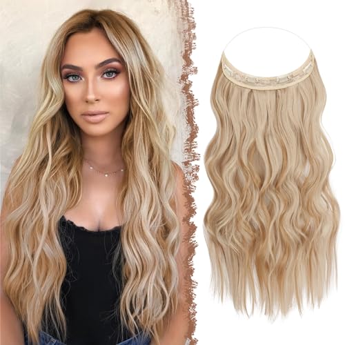 FESHFEN Secrets Haare Extensions Lange Gewellt Haarverlängerung Invisible Secret Haarextension Synthetik Hair Unsichtbarem Haarteile für Frauen Kupfer Kastanienbraun 50 cm Honigblond & Platinblond von FESHFEN