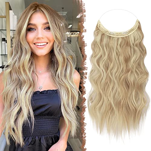 FESHFEN Secrets Hair Extensions Lange Gewellt Haarverlängerung Invisible Secret Haarextension Synthetik Haare Unsichtbarem Haarteile für Frauen Dunkelgoldene Mix Beigeblond 40 cm von FESHFEN