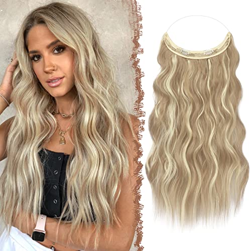 FESHFEN Secrets Hair Extensions Lange Gewellt Haarverlängerung Invisible Secret Haarextension Synthetik Haare Unsichtbarem Haarteile für Frauen Dunkles Aschblond Gemischtes Bleichblond 40 cm von FESHFEN