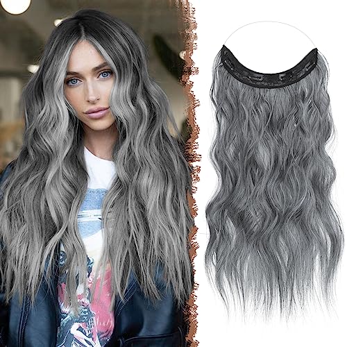 FESHFEN Secrets Hair Extensions Lange Gewellt Haarverlängerung Invisible Secret Haarextension Synthetik Haare Unsichtbarem Haarteile für Frauen Kupfer Kastanienbraun 40 cm Schwarz Mix Grau von FESHFEN