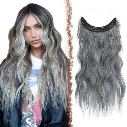 FESHFEN Secrets Hair Extensions Lange Gewellt Haarverlängerung Invisible Secret Haarextension Synthetik Haare Unsichtbarem Haarteile für Frauen Kupfer Kastanienbraun 50 cm Schwarz Mix Grau von FESHFEN