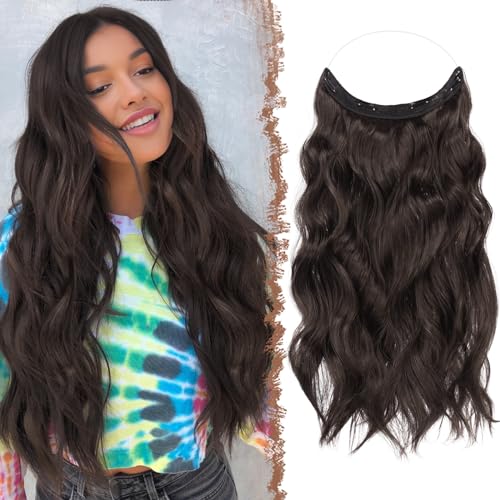 FESHFEN Secrets Hair Extensions Lange Gewellt Haarverlängerung Invisible Secret Haarextension Synthetik Haare Unsichtbarem Haarteile für Frauen Schokoladenbraun Gemischt Dunkelbraun 40 cm von FESHFEN
