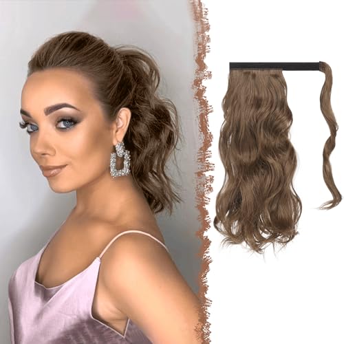 FESHFEN Wellen Pferdeschwanz Haarteil 35 cm Natürlich Lockig Pferdeschwanz Verlängerung Zopf Braun Synthetik Haarverlängerung Wrap Around Ponytail Haare Extension für Damen von FESHFEN