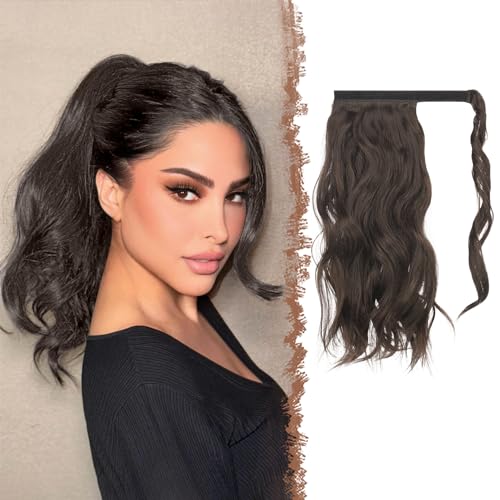 FESHFEN Wellen Pferdeschwanz Haarteil 35 cm Natürlich Lockig Pferdeschwanz Verlängerung Zopf Dunkelbraun Synthetik Haarverlängerung Wrap Around Ponytail Haare Extension für Damen von FESHFEN