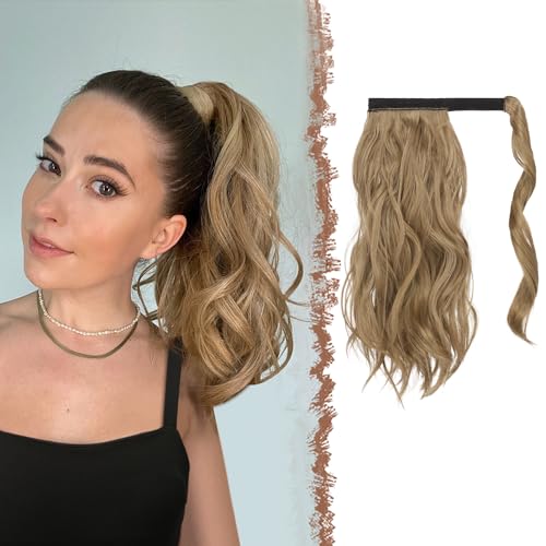 FESHFEN Wellen Pferdeschwanz Haarteil 35 cm Natürlich Lockig Pferdeschwanz Verlängerung Zopf Hellbraun Mix Naturblond Synthetik Haarverlängerung Wrap Around Ponytail Haare Extension für Damen von FESHFEN