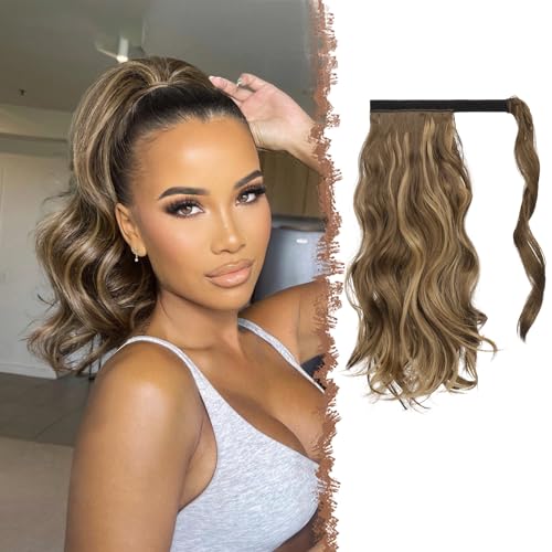 FESHFEN Wellen Pferdeschwanz Haarteil 35 cm Natürlich Lockig Pferdeschwanz Verlängerung Zopf Synthetik Haarverlängerung Ponytail Haare Extension für Damen, Honigblond gemischt mit Hellbraun von FESHFEN