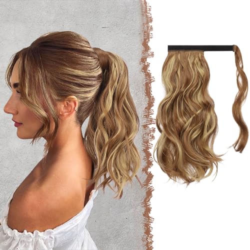 FESHFEN Wellen Pferdeschwanz Haarteil 35 cm Natürlich Lockig Pferdeschwanz Verlängerung Zopf Synthetik Haarverlängerung Ponytail Haare Extension für Damen, Rötliches Braun Gemischtes Aschblond von FESHFEN