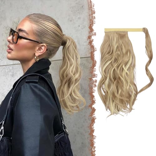 FESHFEN Wellen Pferdeschwanz Haarteil 35 cm Natürlich Lockig Pferdeschwanz Verlängerung Zopf Synthetik Haarverlängerung Ponytail für Damen, Dunkles Aschblond Gemischt Bleichblond von FESHFEN