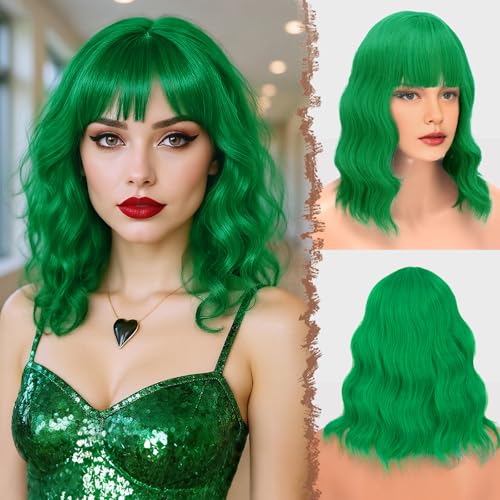 FESHFEN Wellig Bob Perücke mit Pony - 35cm Grüne Schulterlänge Perücken für Damen Frauen Synthetik Kunsthaar Green Haarperücke für Alltag Karneval Fasching von FESHFEN