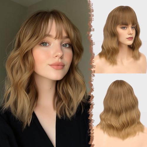 FESHFEN Wellig Bob Perücke mit Pony - 35cm Braun Ombre Blond Wellen Schulterlänge Perücken für Damen Frauen Synthetik Kunsthaar Haarperücke für Alltag Karneval Fasching von FESHFEN