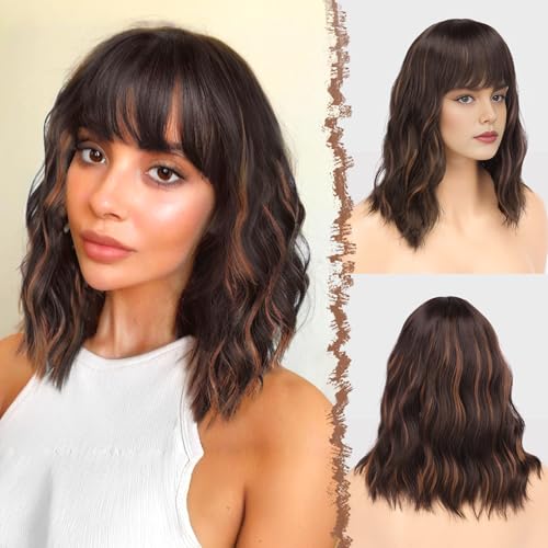 FESHFEN Wellig Bob Perücke mit Pony - 35cm Dunkel Braun Highlight Wellen Schulterlänge Perücken für Damen Frauen Synthetik Kunsthaar Haarperücke für Alltag Karneval Fasching von FESHFEN