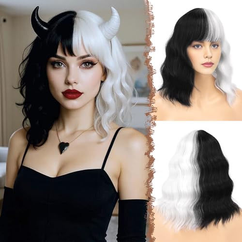 FESHFEN Wellig Bob Perücke mit Pony - 35cm Schwarz Weiß Wellen Schulterlänge Perücken für Damen Frauen Synthetik Kunsthaar Haarperücke für Alltag Karneval Fasching von FESHFEN