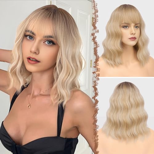 FESHFEN Wellig Bob Perücke mit Pony - 35cm Ombre Blond mit Highlight Wellen Schulterlänge Perücken für Damen Frauen Synthetik Kunsthaar Haarperücke für Alltag Karneval Fasching von FESHFEN