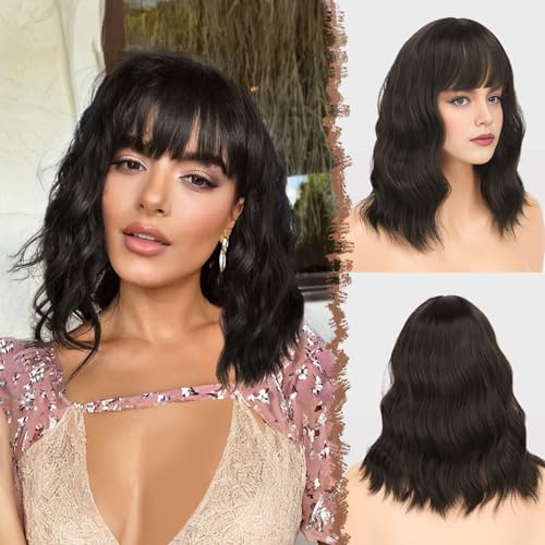 FESHFEN Wellig Bob Perücke mit Pony - 35cm Schwarz Braun Wellen Schulterlänge Perücken für Damen Frauen Synthetik Kunsthaar Haarperücke für Alltag Karneval Fasching von FESHFEN