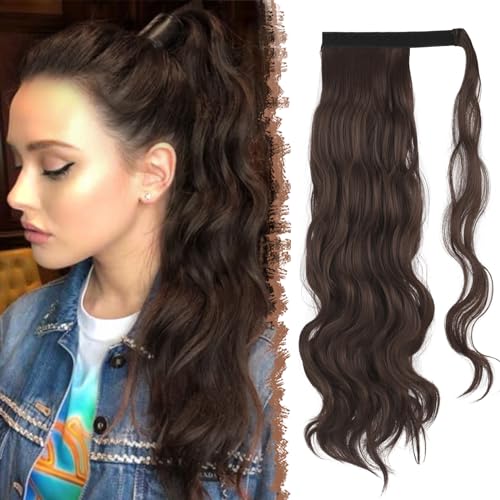 FESHFEN Zopf Pferdeschwanz Haare Extensions Lang Wellig Lockig Clip in Ponytail Synthetik Haarzopf Haarverlängerung Haarteil für Damen, 60 cm Kastanienbraun von FESHFEN