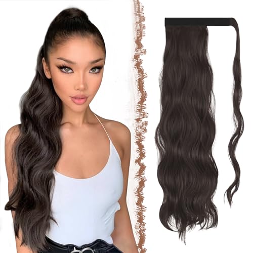 FESHFEN Zopf Pferdeschwanz Haare Extensions Lang Wellig Lockig Clip in Ponytail Synthetik Haarzopf Haarverlängerung Haarteil für Damen 60 cm Mittelbraun von FESHFEN