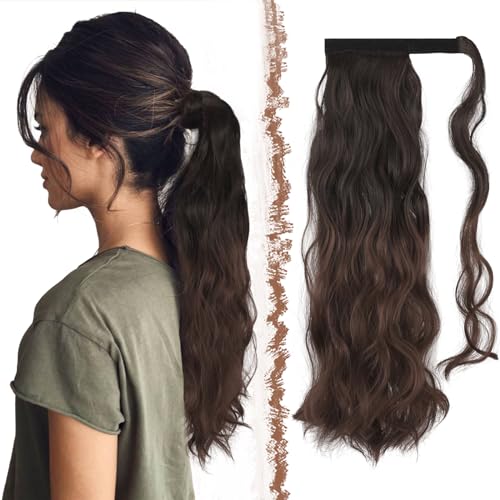 FESHFEN Zopf Pferdeschwanz Haare Extensions Lang Wellig Lockig Clip in Ponytail Synthetik Haarzopf Schwarzbraun mit Brauner Spitze Haarverlängerung Haarteil für Damen 60 cm von FESHFEN