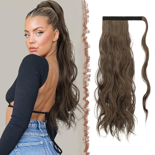 FESHFEN Zopf Pferdeschwanz Haare Extensions Lang Wellig Lockig Clip in Ponytail Synthetik Haarzopf Haarverlängerung Haarteil für Damen, Dunkelbraun & Karamell 60 cm von FESHFEN