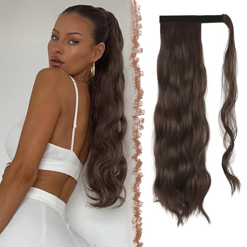 FESHFEN Zopf Pferdeschwanz Haare Extensions Lang Wellig Lockig Clip in Ponytail Synthetik Haarzopf Haarverlängerung Haarteil für Damen, Braun & Hellbraun 60 cm von FESHFEN