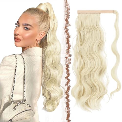FESHFEN Zopf Pferdeschwanz Haare Extensions Lang Wellig Lockig Clip in Ponytail Synthetik Haarzopf Haarverlängerung Haarteil für Damen, Hellblond 60 cm von FESHFEN
