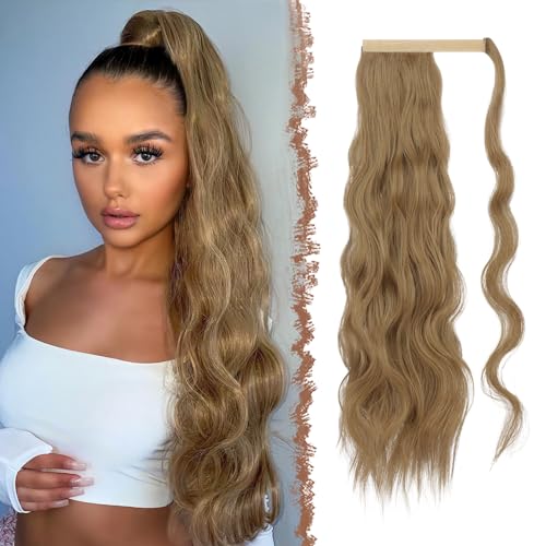 FESHFEN Zopf Pferdeschwanz Haare Extensions Lang Wellig Lockig Clip in Ponytail Synthetik Haarzopf Haarverlängerung Haarteil für Damen, Blond & Karamell 60 cm von FESHFEN