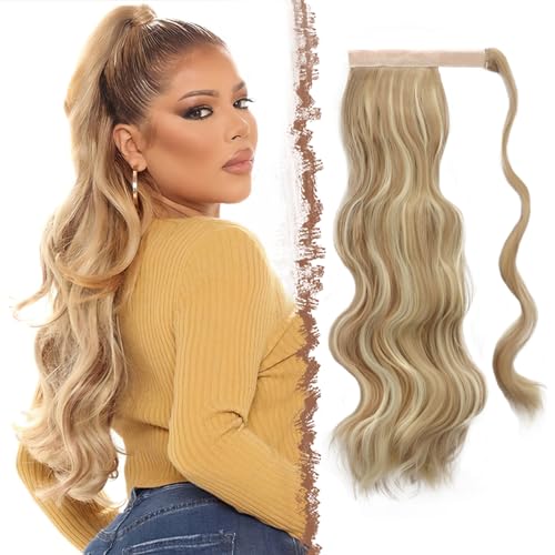 FESHFEN Zopf Pferdeschwanz Haare Extensions Lang Wellig Lockig Clip in Ponytail Synthetik Haarzopf Haarverlängerung Haarteil für Damen, Dreckiges Blond 60 cm von FESHFEN