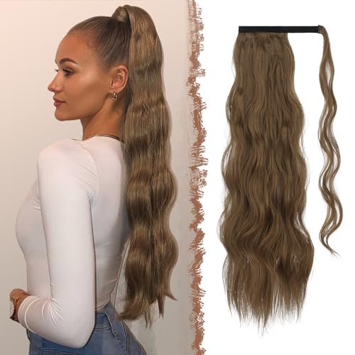 FESHFEN Zopf Pferdeschwanz Haare Extensions Lang Wellig Lockig Clip in Ponytail Synthetik Haarzopf Haarverlängerung Haarteil für Damen, Kastanienbraun & Karamell 60 cm von FESHFEN