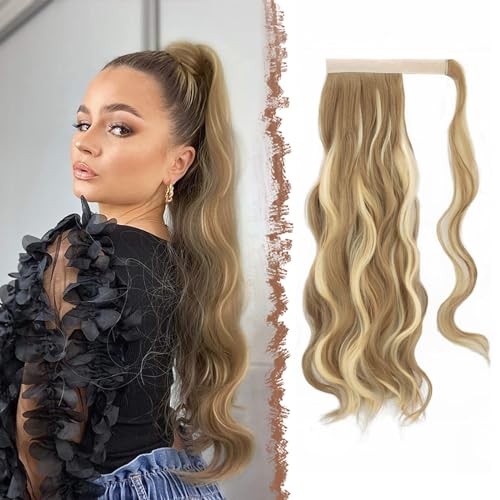 FESHFEN Zopf Pferdeschwanz Haare Extensions Lang Wellig Lockig Clip in Ponytail Synthetik Haarzopf Haarverlängerung Haarteil für Damen, Leichteste Aschbraun & Bleichblond 60 cm von FESHFEN