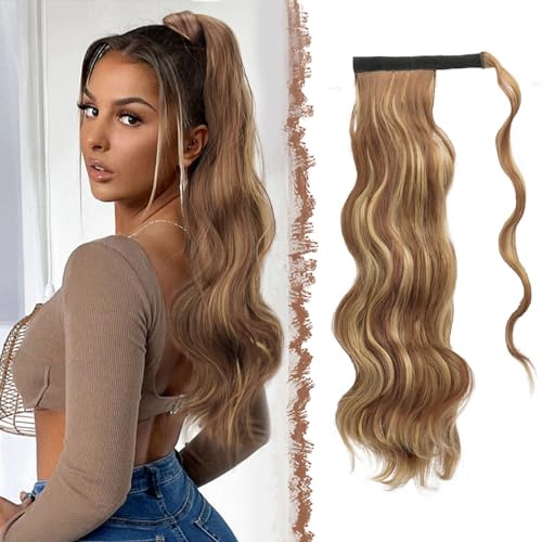 FESHFEN Zopf Pferdeschwanz Haare Extensions Lang Wellig Lockig Clip in Ponytail Synthetik Haarzopf Haarverlängerung Haarteil für Damen, Braun & Blond 60 cm von FESHFEN