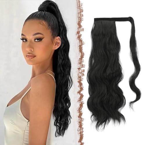FESHFEN Zopf Pferdeschwanz Haare Extensions Lang Wellig Lockig Schwarz Clip in Ponytail Synthetik Haarzopf Haarverlängerung Haarteil für Damen 60 cm von FESHFEN