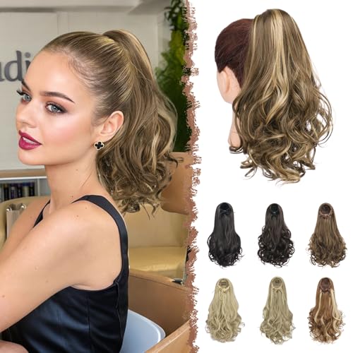 FESHFEN Zopf Pferdeschwanz Haarextension mit kordelzug, 38 cm Wellig Lockig Synthetik Haarverlängerung Clip Haarteil Ponytail Kunsthaar Haarzopf für Damen, Honigblond & Hellbraun von FESHFEN