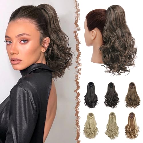 FESHFEN Zopf Pferdeschwanz Haarextension mit kordelzug, 38 cm Wellig Lockig Synthetik Haarverlängerung Clip in Haarteil Ponytail Haarzopf für Damen, Dunkelbraun Gemischtes Auburn von FESHFEN
