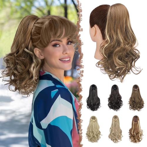 FESHFEN Zopf Pferdeschwanz Haarextension mit kordelzug, 38 cm Wellig Lockig Synthetik Haarverlängerung Clip in Haarteil Ponytail Kunsthaar Haarzopf für Damen, Braun & Blond von FESHFEN