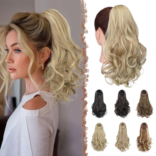 FESHFEN Zopf Pferdeschwanz Haarextension mit kordelzug, 38 cm Wellig Lockig Synthetik Haarverlängerung Clip in Haarteil Ponytail Kunsthaar Haarzopf für Damen, Schmutziges Blond von FESHFEN