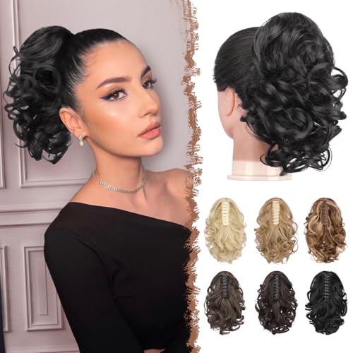 FESHFEN Zopf Pferdeschwanz Haarteile, Kurze Lockige Gewellte Haarklammer Zopf Verlängerung Claw Clip Haare Extensions Synthetik Wellig Ponytail Haarverlängerung für Damen, Natürlich Schwarz 25 cm von FESHFEN