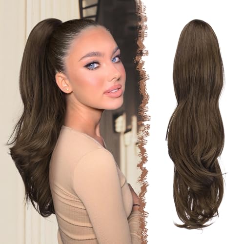 FESHFEN Zopf Pferdeschwanz mit Kordelzug, Natürlich Wellig Layered Haarteil Synthetik Moosbraun Haarverlängerung Clip in Ponytail Haarextension Haarzopf für Damen, 50cm von FESHFEN