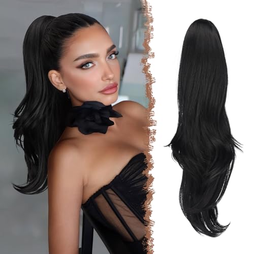 FESHFEN Zopf Pferdeschwanz mit Kordelzug, Natürlich Wellig Layered Haarteil Synthetik Schwarz Haarverlängerung Clip in Ponytail Haarextension Haarzopf für Damen, 50cm von FESHFEN
